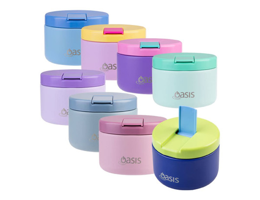 A set of insulated food flasks in various pastel colours, featuring a quick-release lid and a logo.