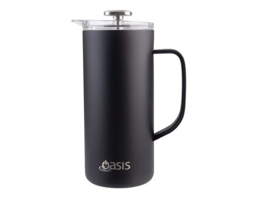 A drink bottle featuring a sleek black design with a handle, a lid, and a logo on the front.