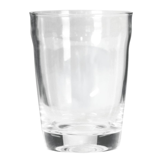 A glass carry cup in clear glass, featuring a rounded design and a smooth finish.