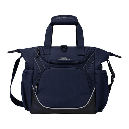 A navy blue bag featuring multiple pockets, sturdy handles, and a shoulder strap, with a logo on the front.