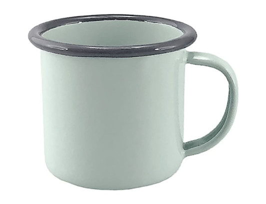 A mint green espresso mug with a dark rim and handle, featuring a smooth enamel finish and a branding logo.