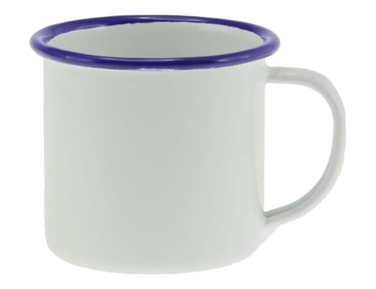 An enamel mug in white with a blue rim, featuring a handle and a glossy finish.