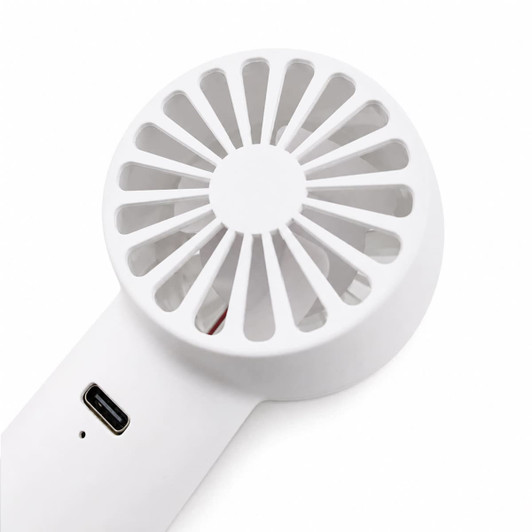 A white rechargeable fan with a circular, slotted design and a USB-C port. It features a compact and portable build.