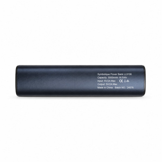 A dark blue 5,000mAh power bank with a sleek design and a branding logo.