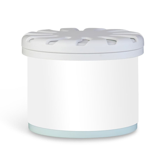 A white fragrance pot with a decorated lid and a light blue base, featuring a branding logo.