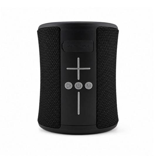 A black speaker with a textured surface, featuring control buttons and a USB Type-C port. It has a branded logo.