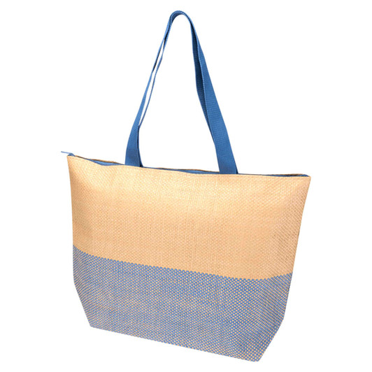 A large zipped tote in beige and blue, featuring sturdy handles and a textured design. It has a logo on the side.