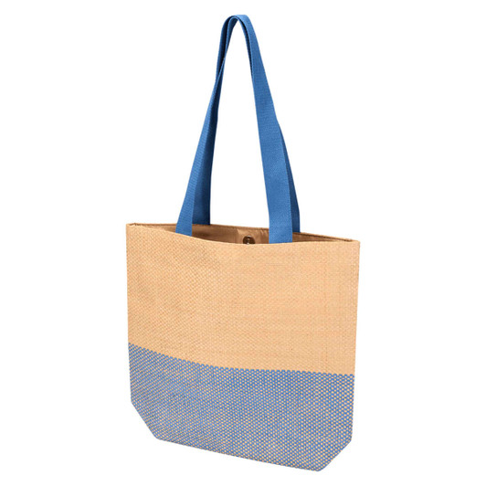 A tote bag in beige with a blue bottom section and blue handles, featuring a logo on the side.