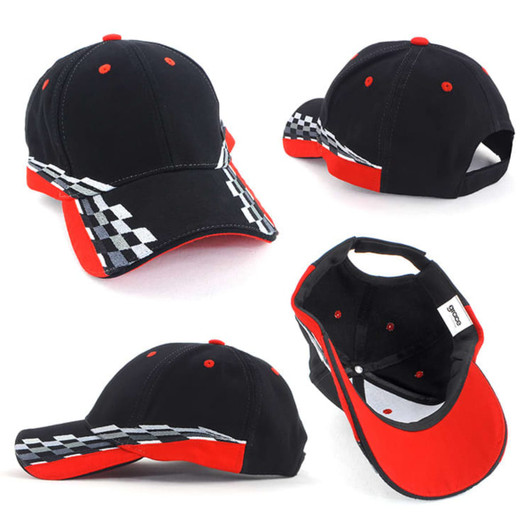 A cap featuring a black base with red accents and a checkered pattern along the brim. It has a logo on the side.