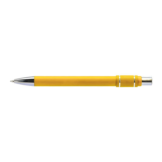 A yellow metal pen with a shiny chrome tip and a textured grip, featuring a branding logo.
