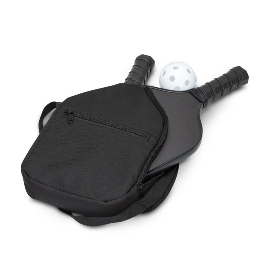 A black pickleball set featuring two paddles and a white ball, stored in a black carrying bag.
