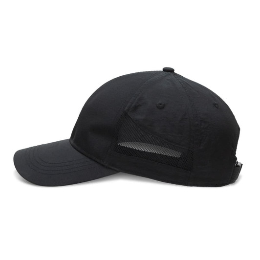 A black sports cap featuring a mesh panel and a logo. The cap has a curved brim and an adjustable strap.