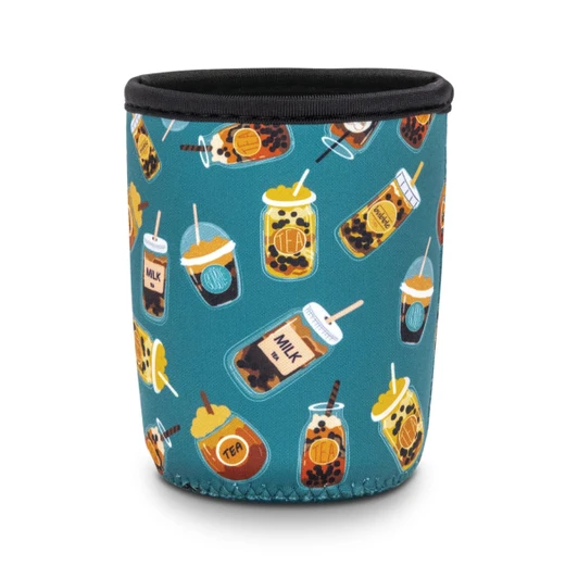 A drink bottle sleeve featuring a teal background with colourful illustrations of beverages and a logo.