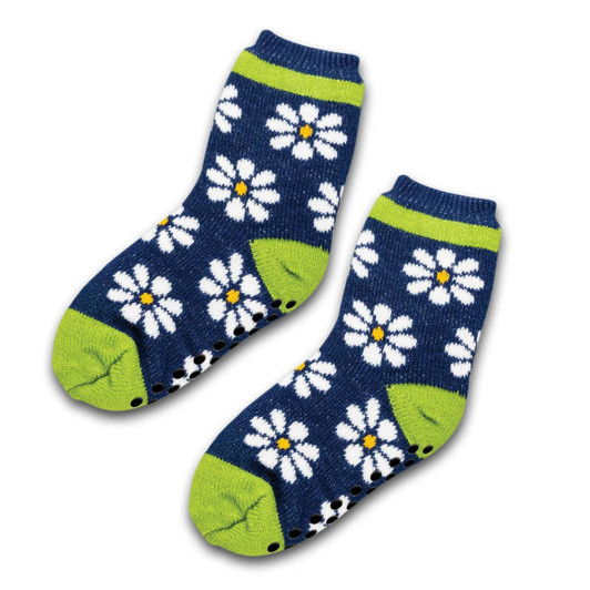 A pair of cosy navy socks featuring white daisies and bright green detailing, with a logo present.