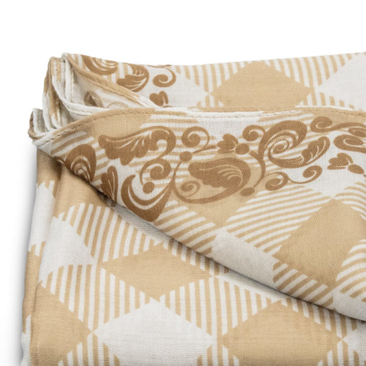 A lightweight scarf featuring a beige and cream pattern with intricate designs and a checked motif.