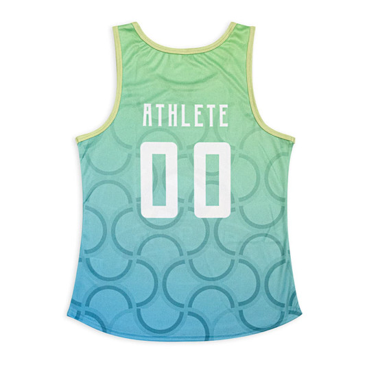 A custom women’s active tank top in a gradient of green and blue, featuring a logo and white text.