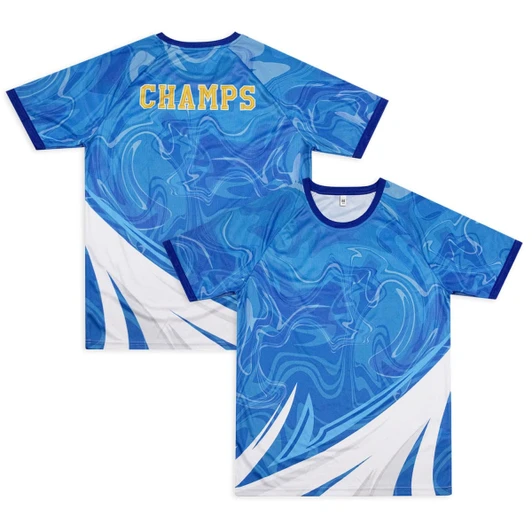 A vibrant blue active t-shirt featuring a swirling design and a logo on the back. It has contrasting blue details.