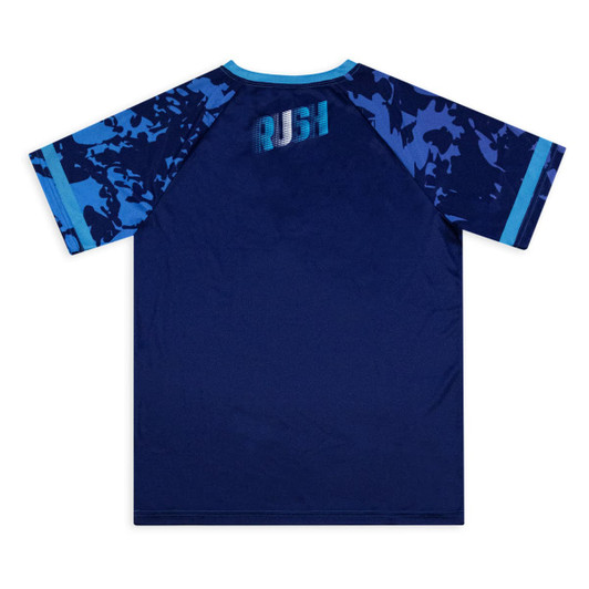 A custom women's active T-shirt in navy blue with blue camo sleeves and a branded logo on the back.