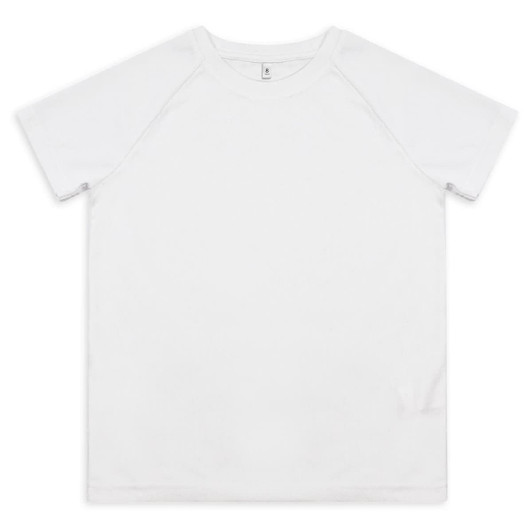 A white custom youth active T-shirt with raglan sleeves and a logo on the front.