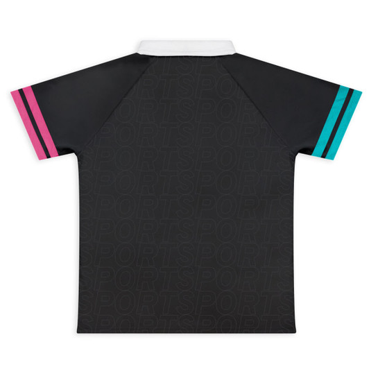 A black women's active polo shirt with pink and teal stripes on the sleeves and a white collar, featuring a logo.