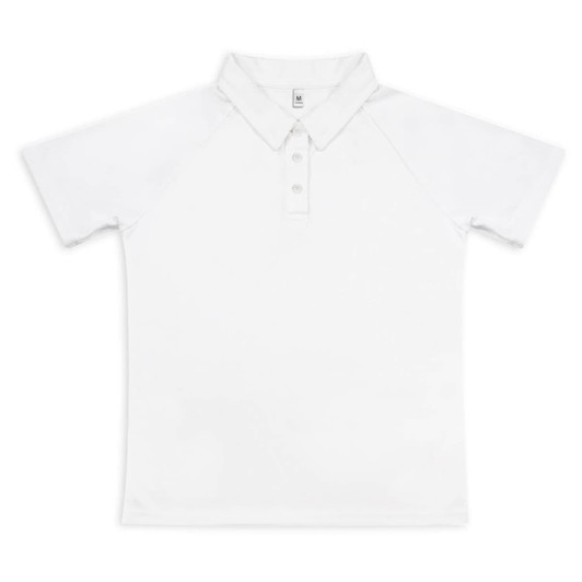 A white women's active polo shirt with a collar and button placket. It features a logo on the front.