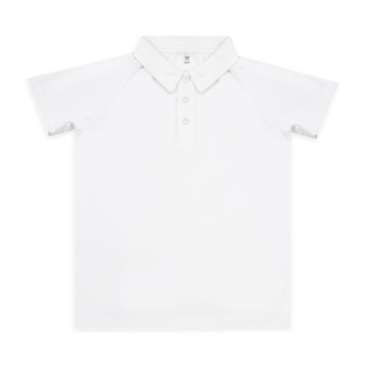 A white custom youth active polo featuring a collar and buttons, with a logo on the chest.