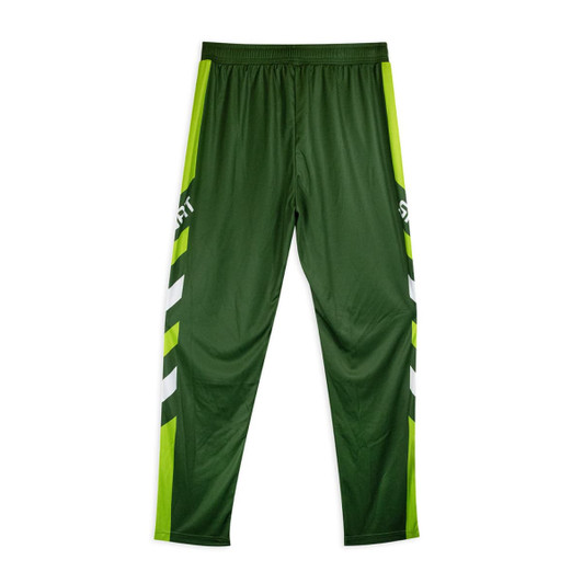 Custom men's active pants in green with white and bright green accents, featuring branding on the side.