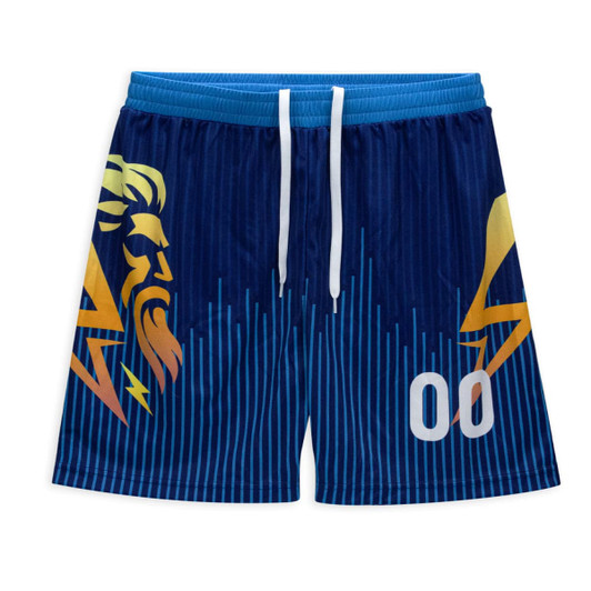 Active shorts in blue with a lion graphic and vertical stripes, featuring a white number 00 and a logo.