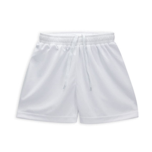 White custom youth active shorts with an elastic waistband and a drawstring. Features a logo.