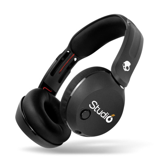 Wireless headphones in black with cushioned ear cups and an adjustable headband, featuring a logo on the side.
