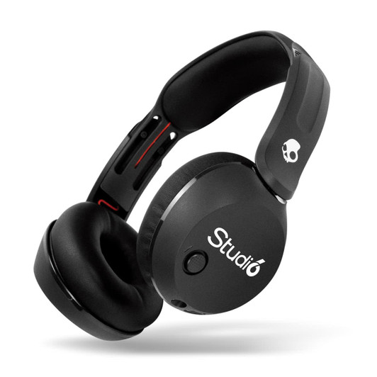 Black wireless headphones with cushioned ear cups and a logo on the side. Designed for stylish audio experience.