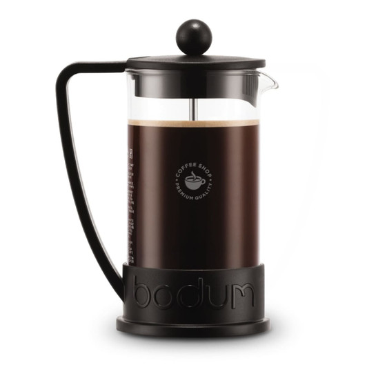 A French press coffee maker in black, with a glass body and a branded base, ideal for brewing coffee.