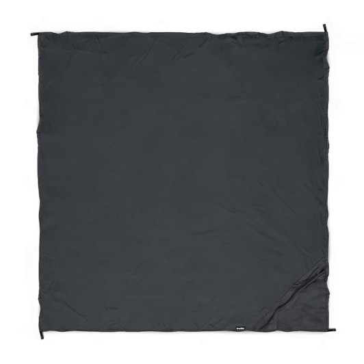 A dark grey camping blanket with a simple design, featuring a small logo in one corner.