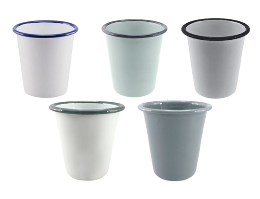 A collection of five enamel tumblers in white, light green, grey, and blue, each with contrasting rims and a logo.