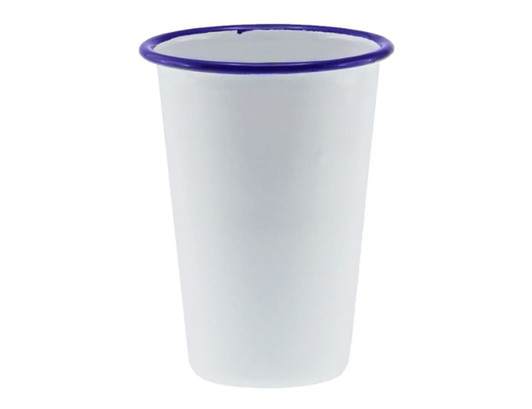 A tumbler with a white body and a blue rim, measuring 425ml and 8cm tall. Features a logo.