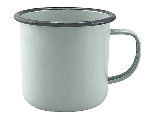 A light green enamel mug with a dark rim, featuring a handle. Holds 500ml and has a smooth interior finish.