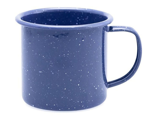 A dark blue enamel mug with a speckled finish and a sturdy handle, measuring 350ml and 8cm in height.