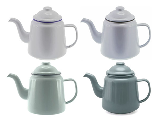 A teapot set featuring four enamel designs in white and shades of green, each with a distinct handle and spout.