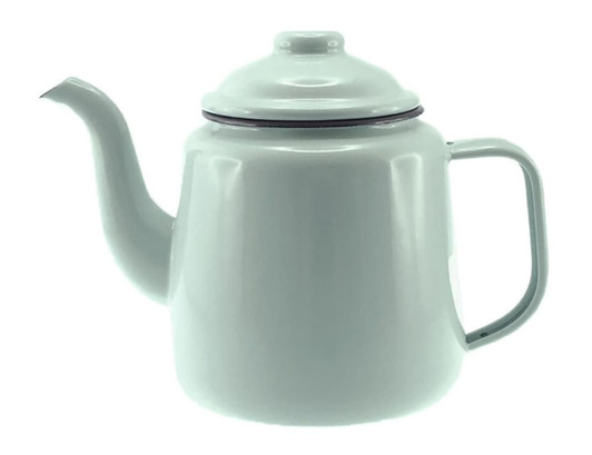 A light grey enamel teapot with a curved spout and a lid, featuring a sturdy handle and a glossy finish.