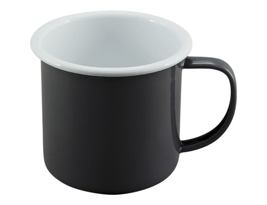 A two-tone mug in black and white with a glossy finish and a sturdy handle. It has a logo on the side.