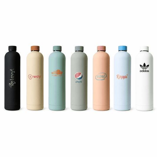 A drink bottle collection featuring various colours: black, soft pink, mint green, light blue, and peach, with logos.