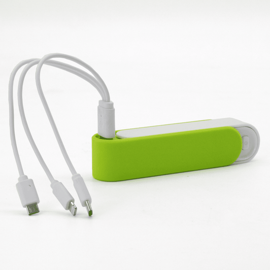 A green and white Slider Power Bank with integrated cables for charging devices.