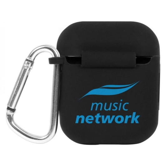 A black earbud case with a carabiner, featuring a logo in blue.