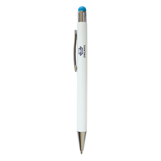 A white stylus pen with a blue tip and a silver clip, featuring a branding logo.