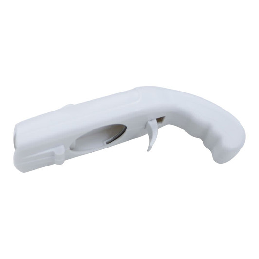 A drink bottle opener shaped like a cap gun, featuring a white plastic design with a textured grip.
