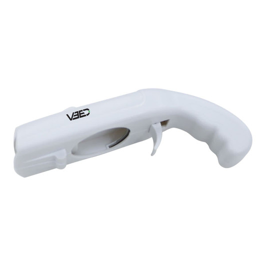 A drink bottle opener in white, designed like a cap gun, featuring a logo on its body.