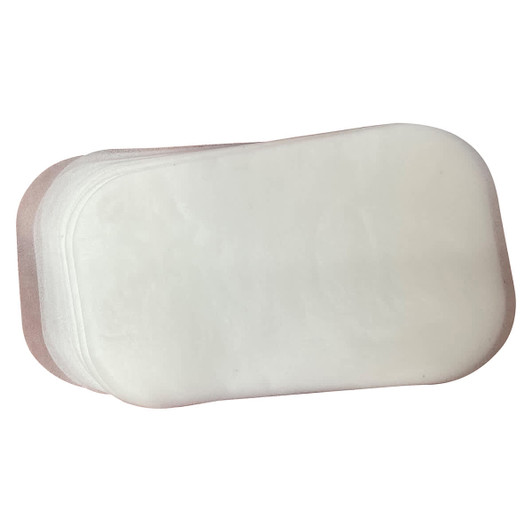 A set of white and light pink refill sleeves for a soap dispenser, stacked neatly. The product includes a branding logo.