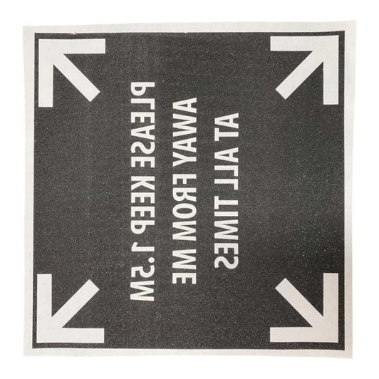 A square digital iron-on transfer featuring a black background with white directional arrows and text.