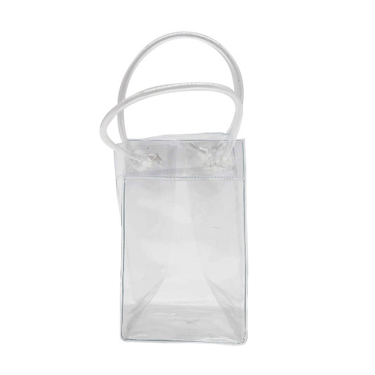 A small, clear cooler bag with transparent handles, featuring a minimalistic design and a logo.