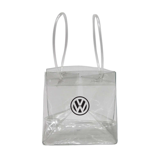 A clear cooler bag with two handles and a logo on the front.